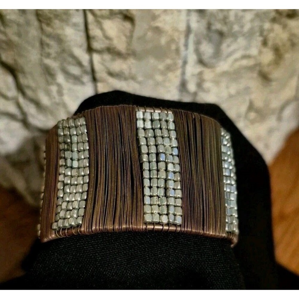 Brass Copper Wire Silver Tone Beaded Wide Cuff Bracelet